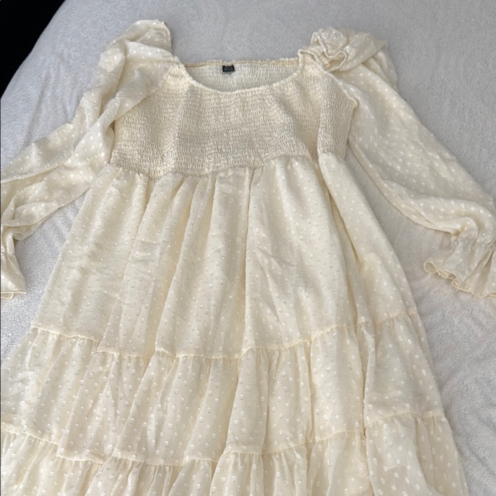 SHEIN Cream Ruffled Tiered Midi Dress with Puff Sleeves